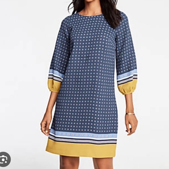 Ann Taylor Dresses & Skirts - NWT ANN TAYLOR Shift dress with Bishop sleeves, blue geometric detail SIZE 16,